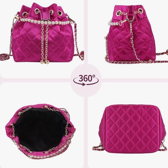 Pink  Fuchsia Quilted Mini duffle satchel with gold chain crossbody - Picture 3 of 5